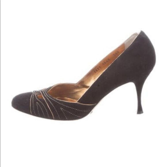 Dolce & Gabbana Suede Pointed Toe Heels sz 6.5 Black & Gold - Picture 2 of 8